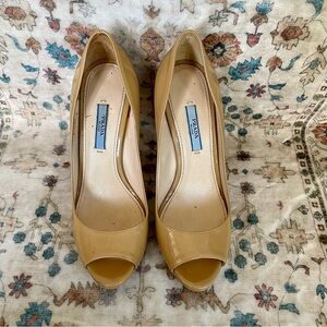 Prada Tan Patent Leather Peep-Toe Heels